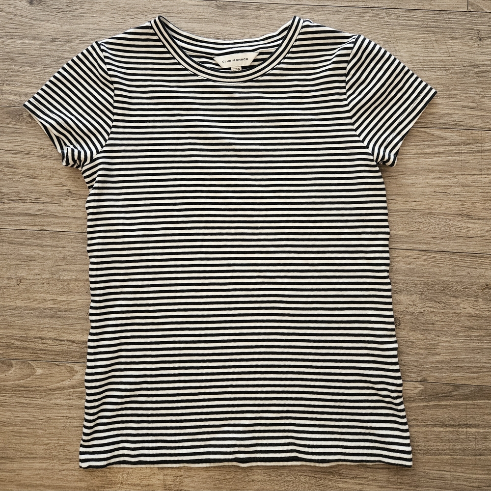 Club Monaco Medium Black & White Striped Crewneck Tee, Like New Condition